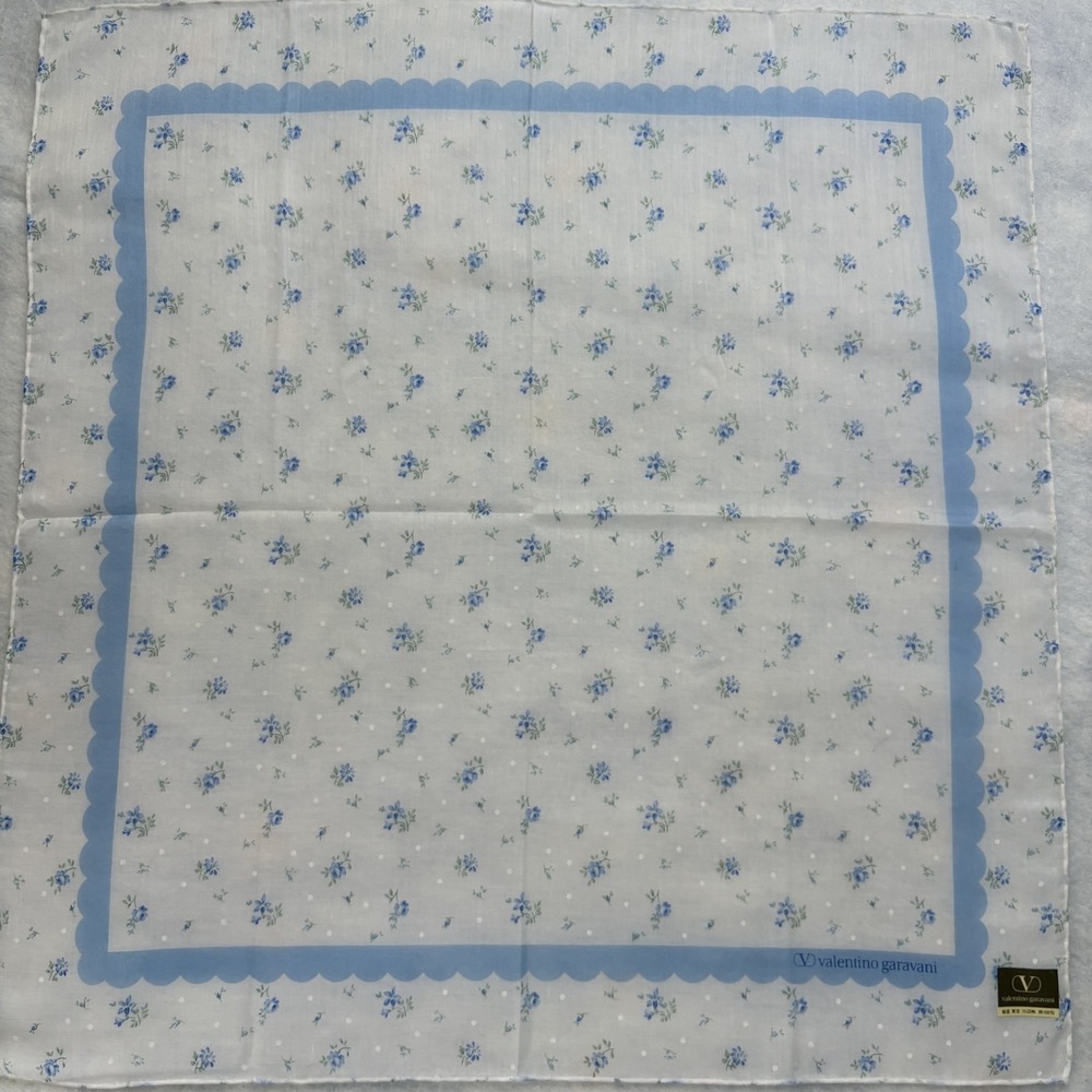 VALENTINO GARAVANI Scarf Handkerchief Floral Scalloped Cotton White Blue 17"